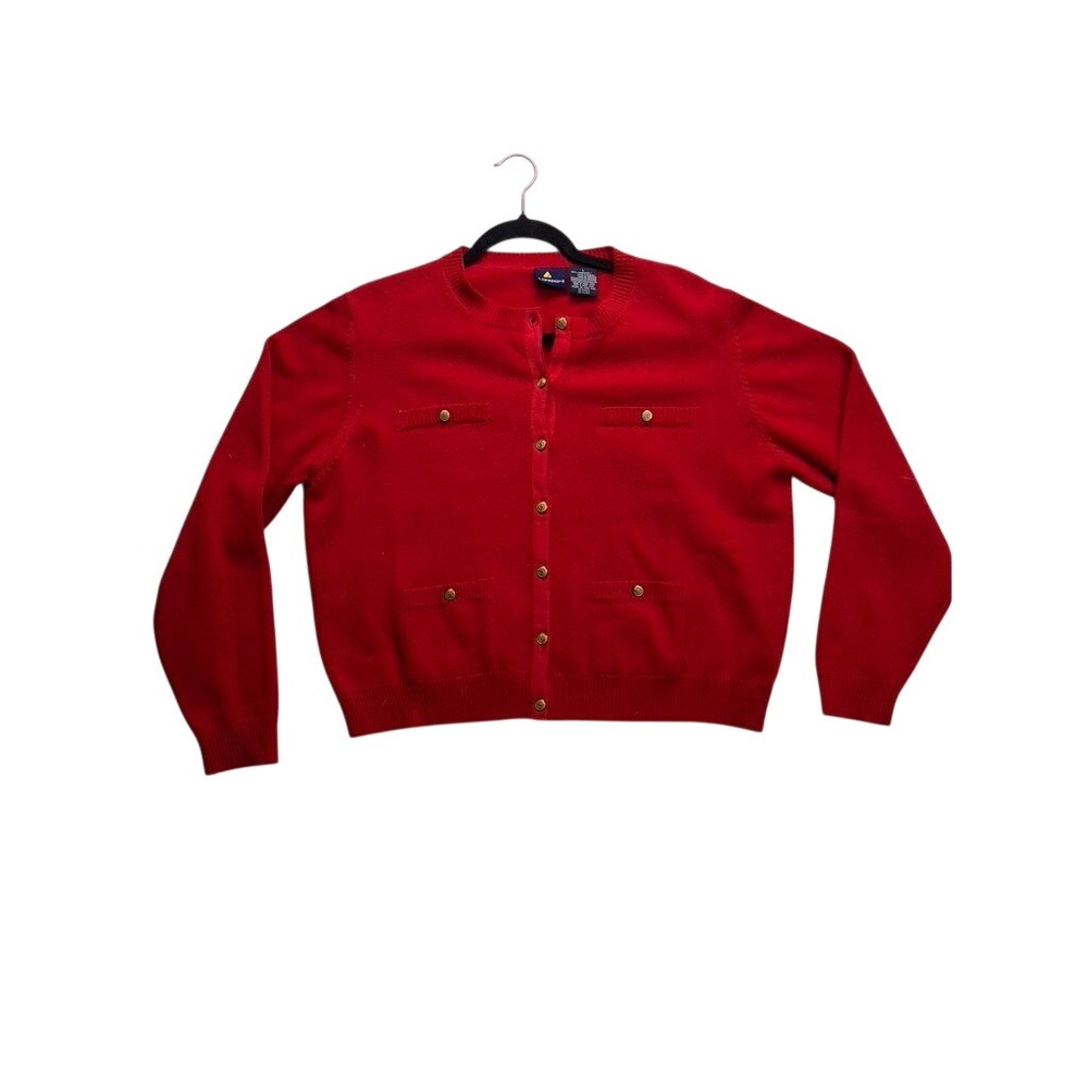 Lizsport Cardigan Sweater Womens Large Red‎  Lambswool Gold Button Knit